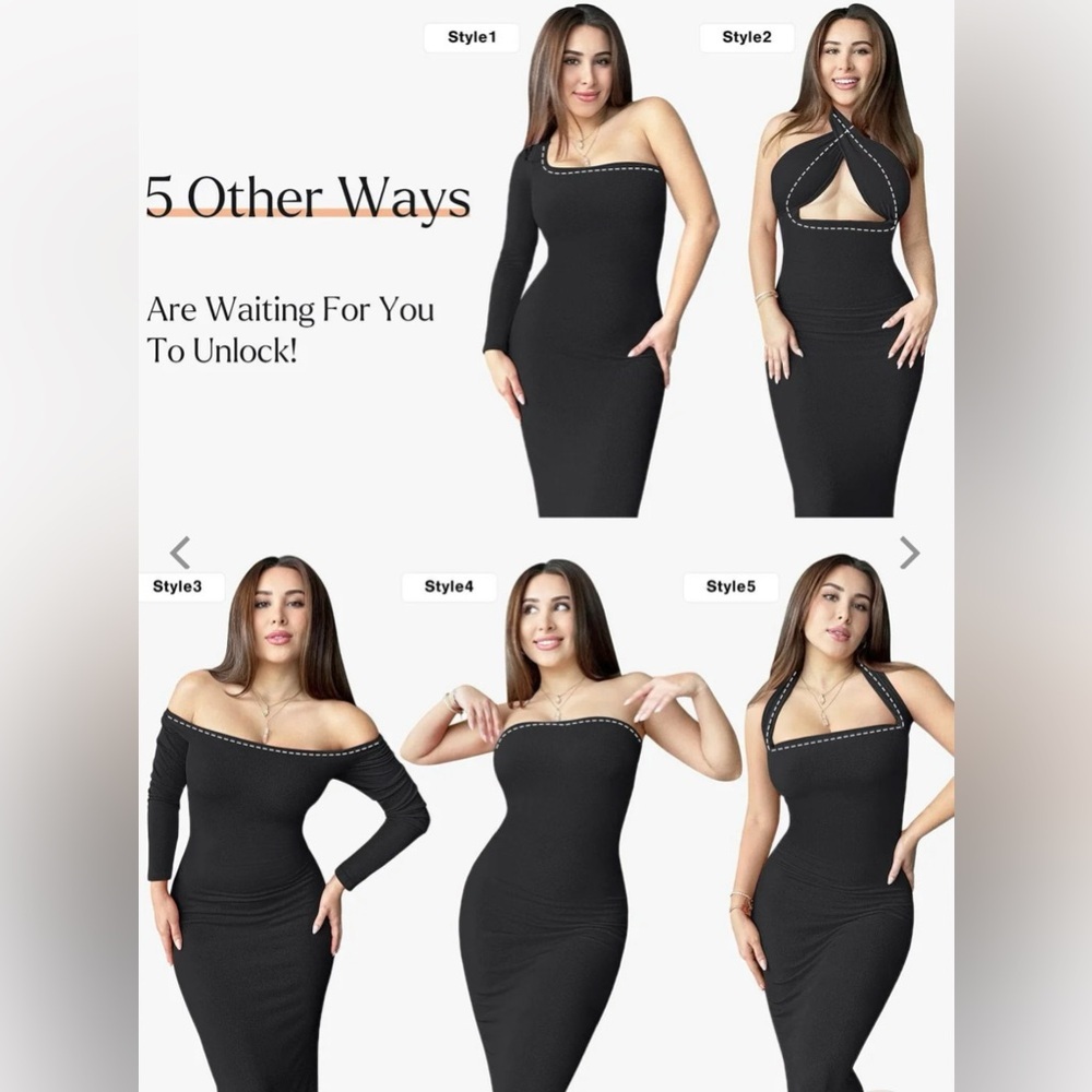 Popilush Shapewear Square Neck Long Sleeve Slimming Modal Maxi Dress - Picture 3 of 9